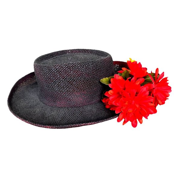 VTG The Scala Collection Black Straw Weave Hat Flower Embellishments Cru… - Picture 9 of 12